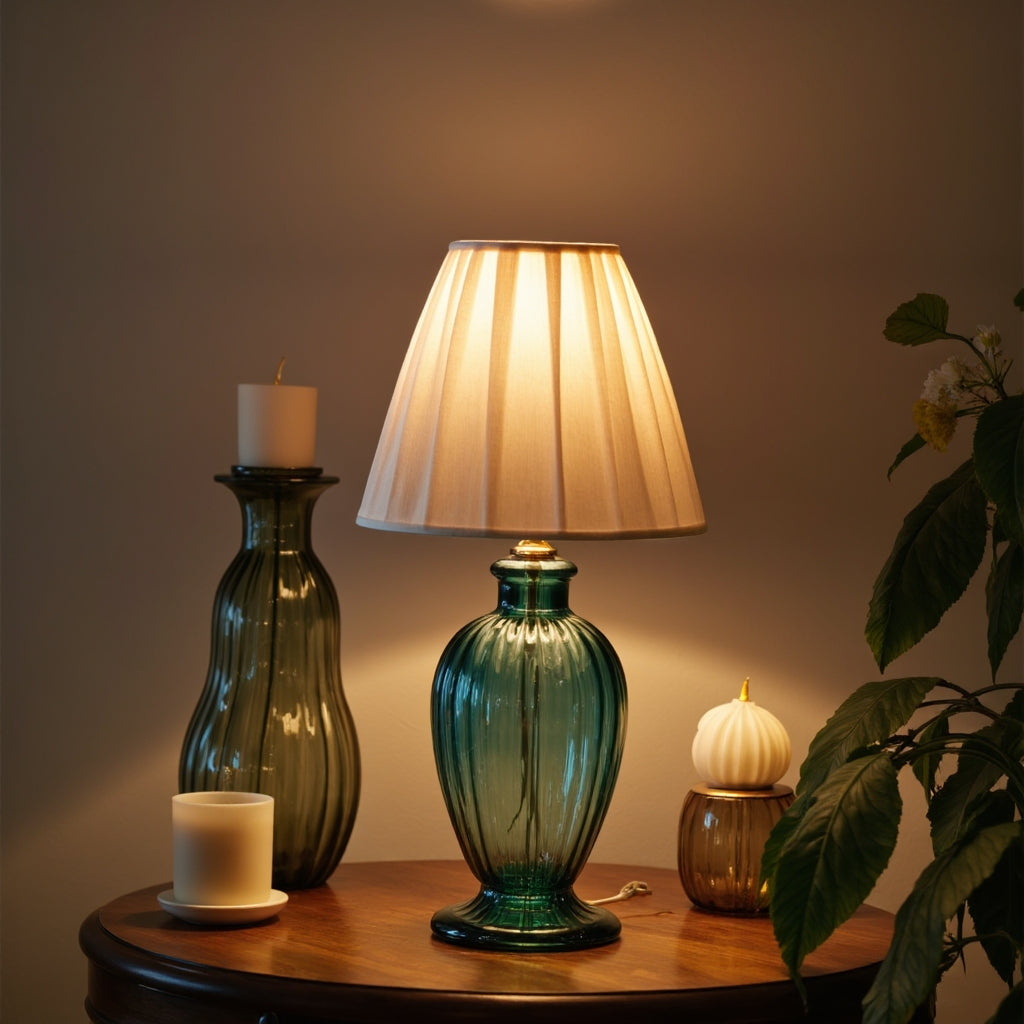 Hand Blown Emerald Green Glass Table Lamp – Ribbed Glass Bedside Light