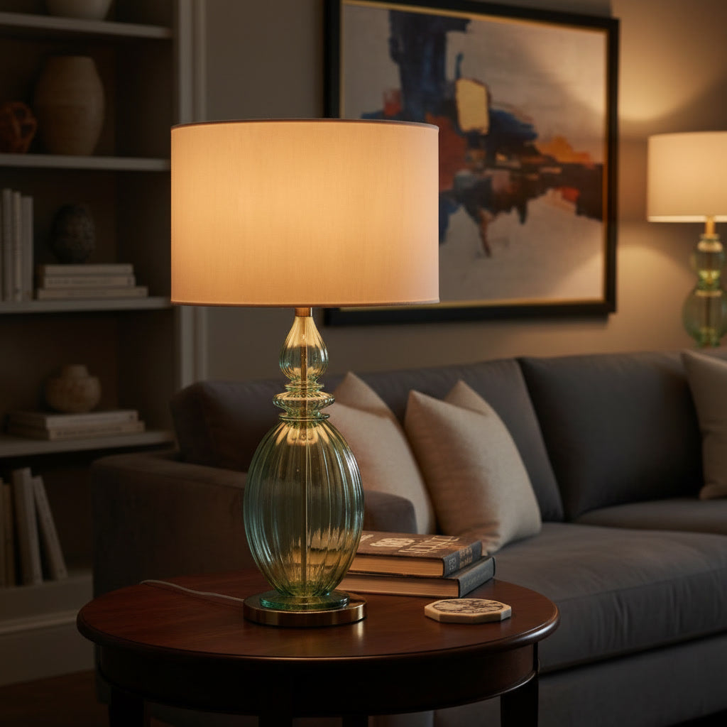 Hand Blown Green Glass Table Lamp – Ribbed Glass & Brass Accent Light