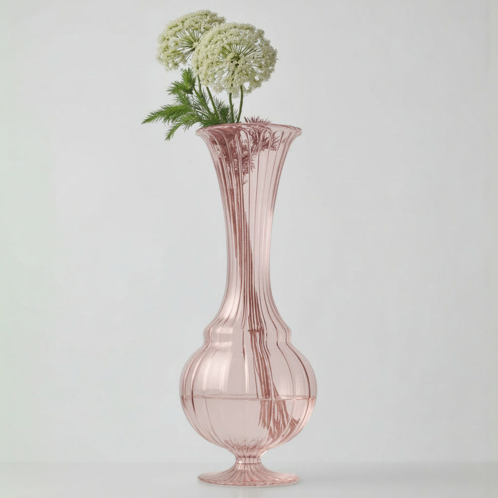 Hand Blown Pink Ribbed Glass Vase – Tall Artisan Flower Vase