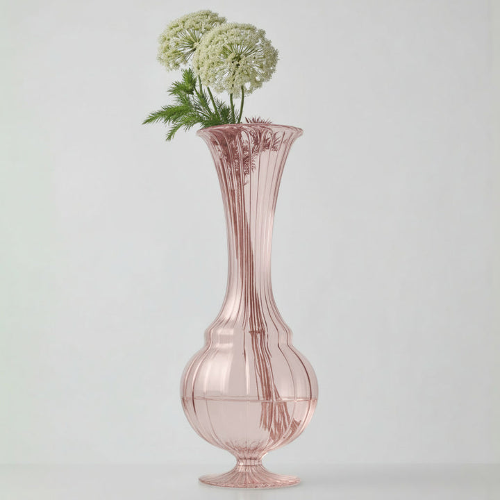Hand Blown Pink Ribbed Glass Vase – Tall Artisan Flower Vase