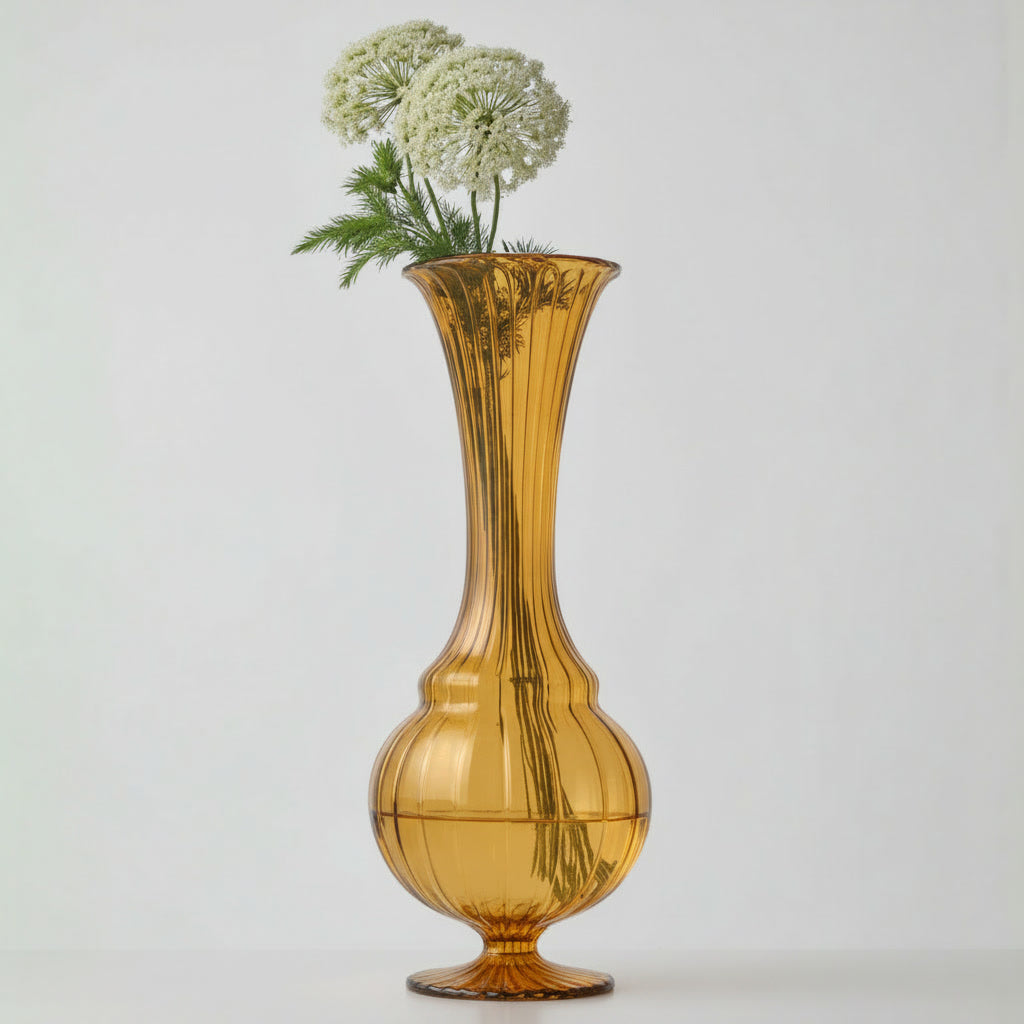 Hand Blown Pink Ribbed Glass Vase – Tall Artisan Flower Vase