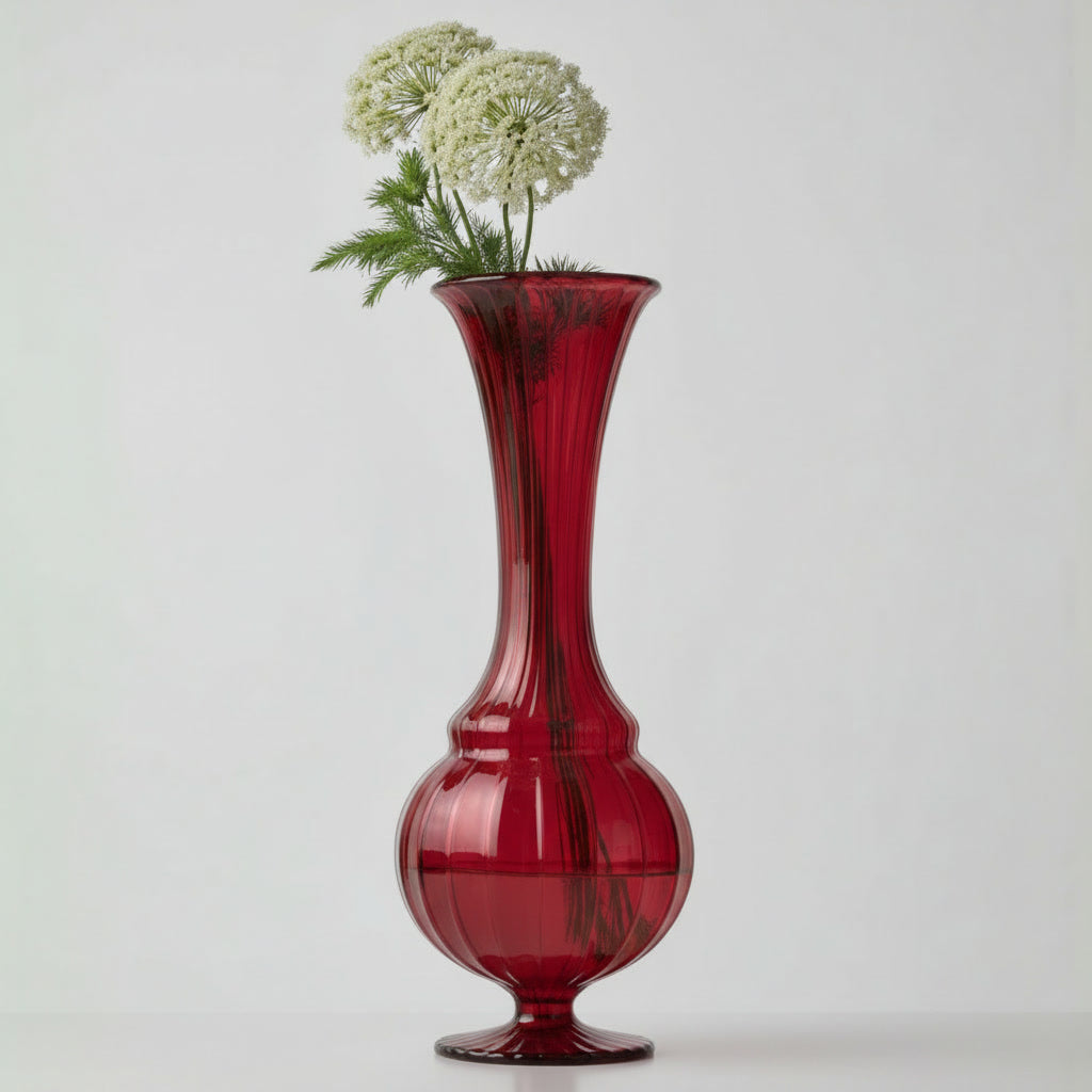 Hand Blown Pink Ribbed Glass Vase – Tall Artisan Flower Vase