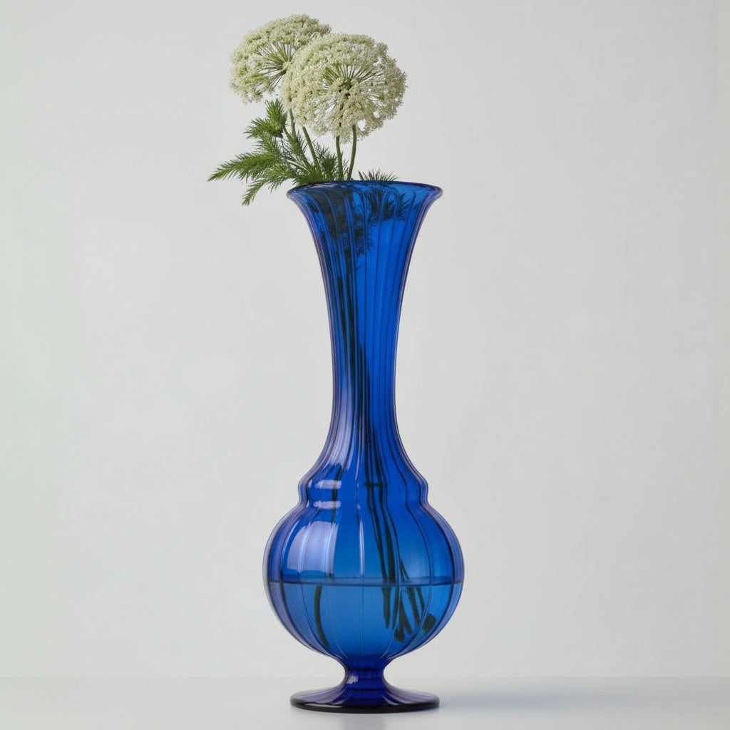 Hand Blown Pink Ribbed Glass Vase – Tall Artisan Flower Vase