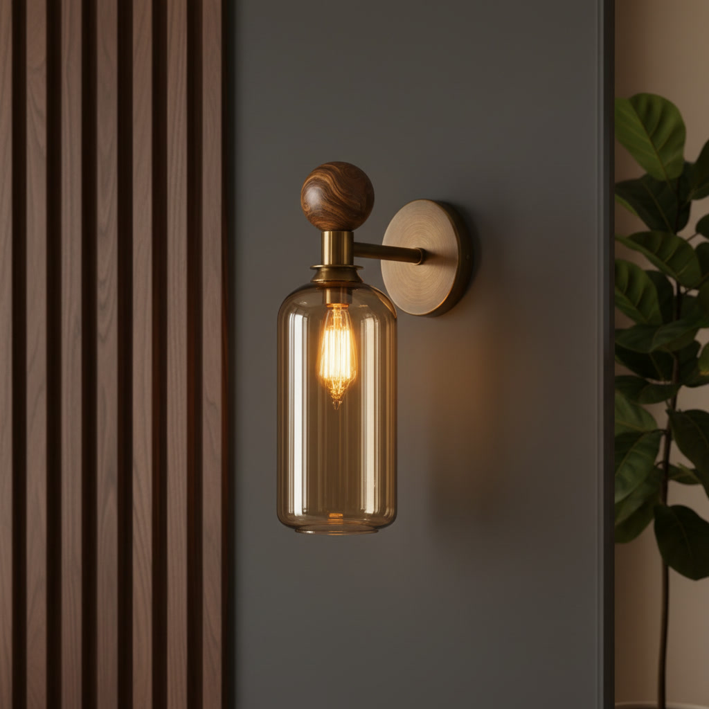 Amber Glass Wall Sconce with Wood & Brass