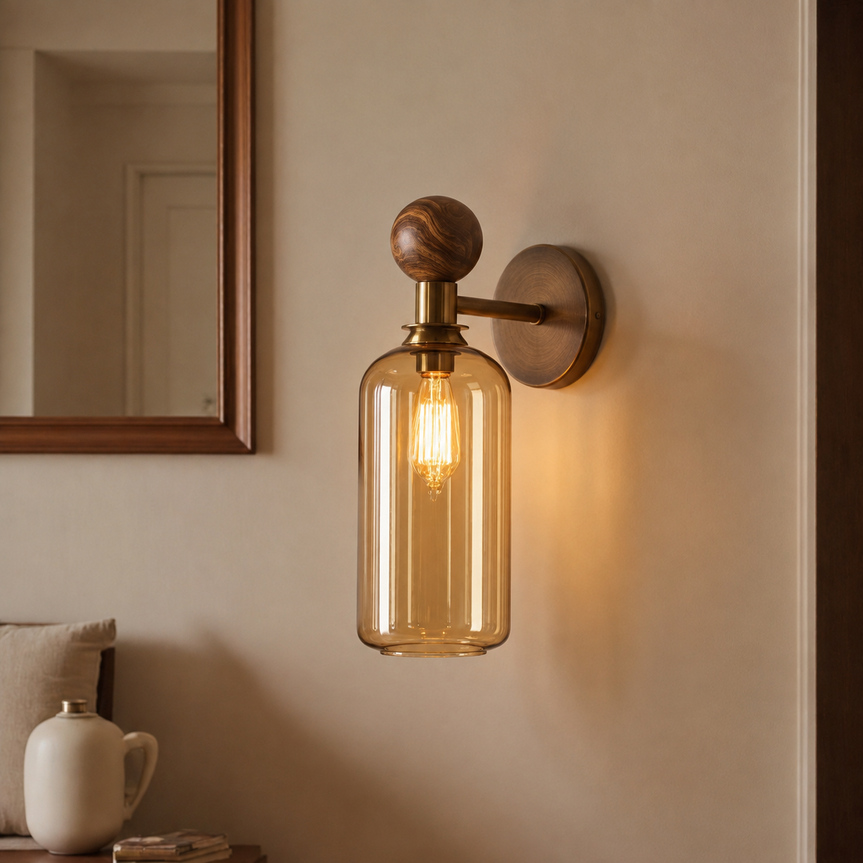 Amber Glass Wall Sconce with Wood & Brass