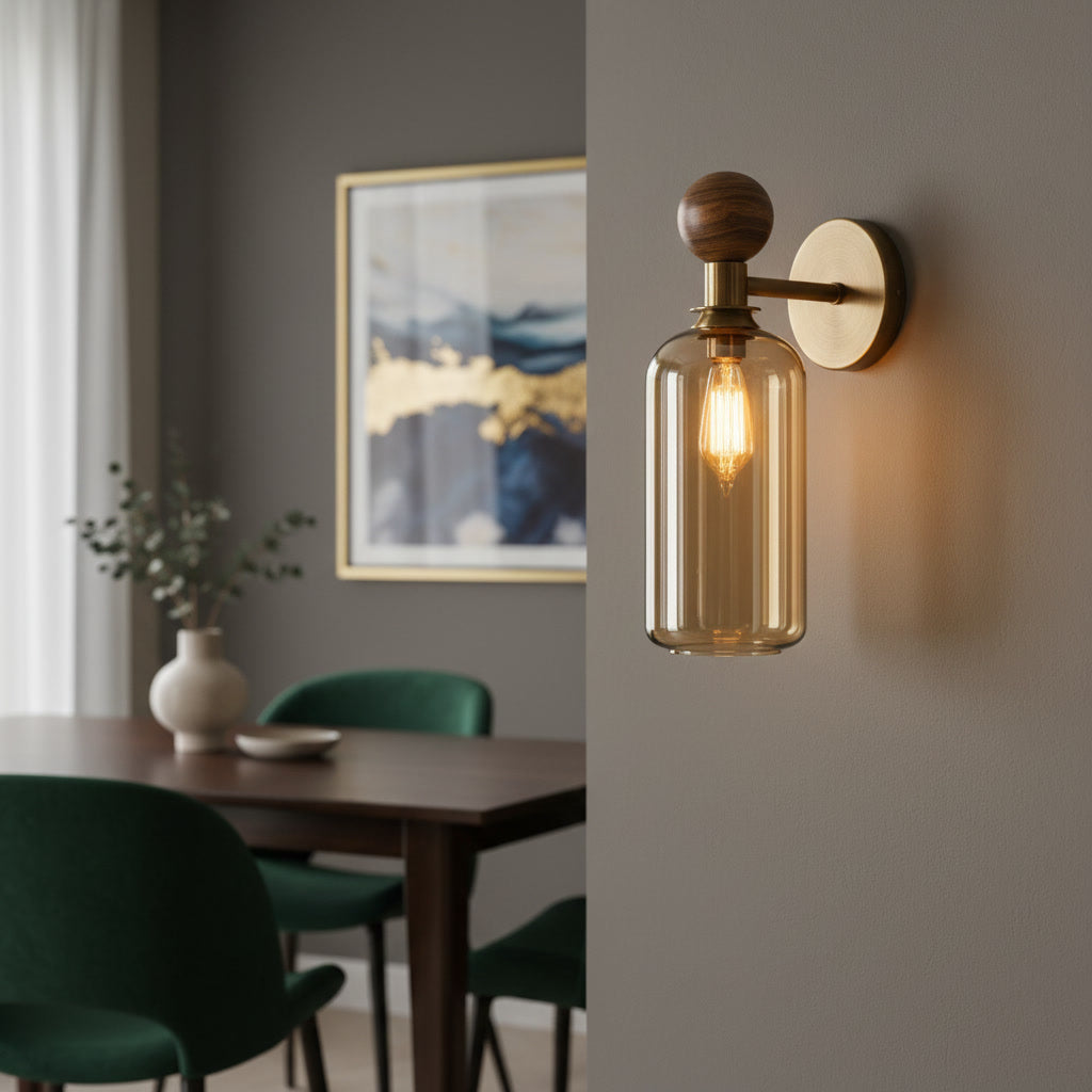 Amber Glass Wall Sconce with Wood & Brass