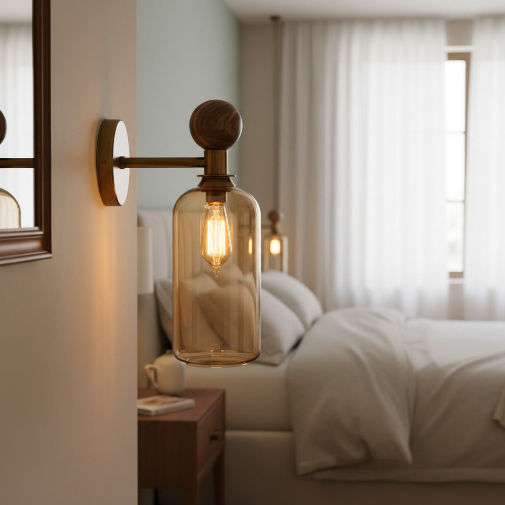 Amber Glass Wall Sconce with Wood & Brass