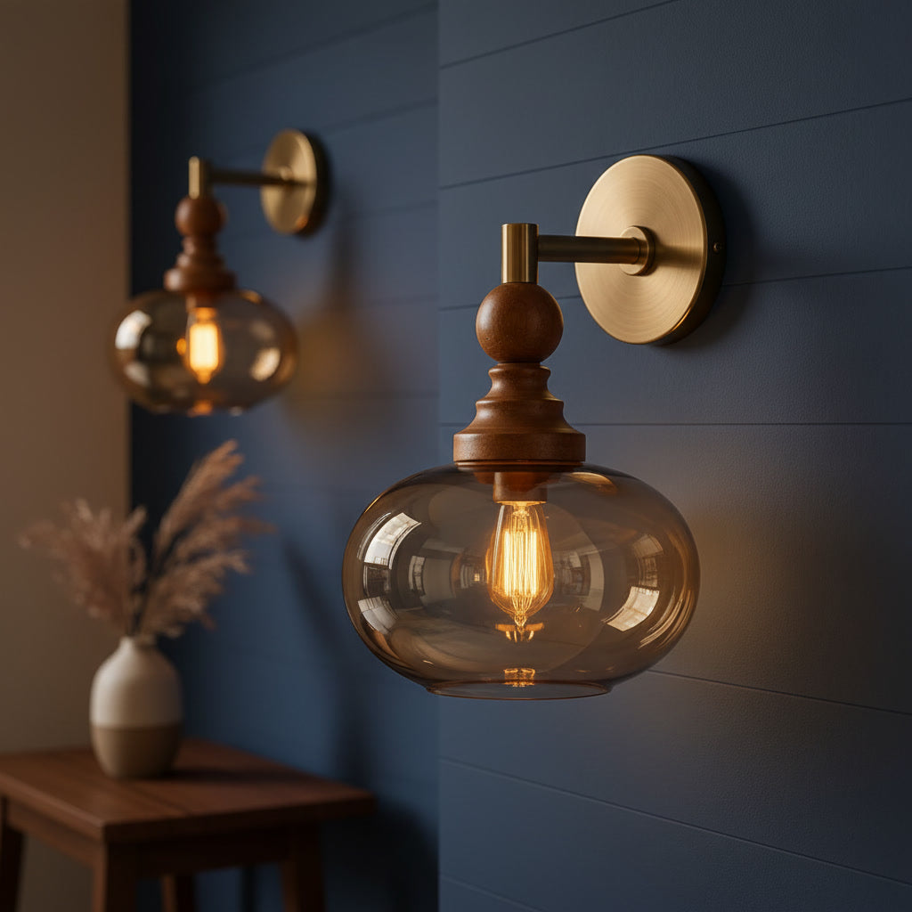 Amber Glass Wall Sconce with Wood & Brass – Handmade Vintage Wall Light