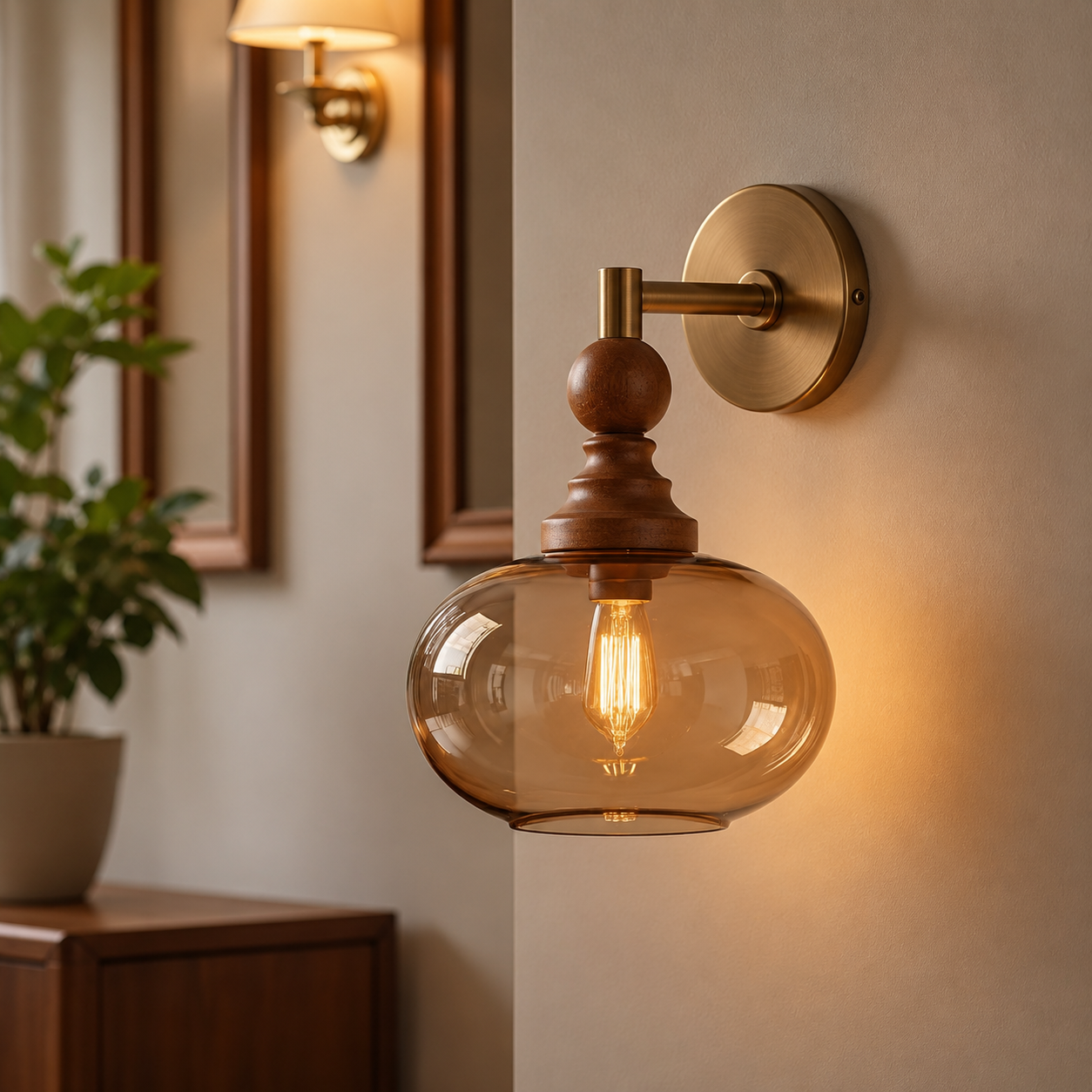 Amber Glass Wall Sconce with Wood & Brass – Handmade Vintage Wall Light