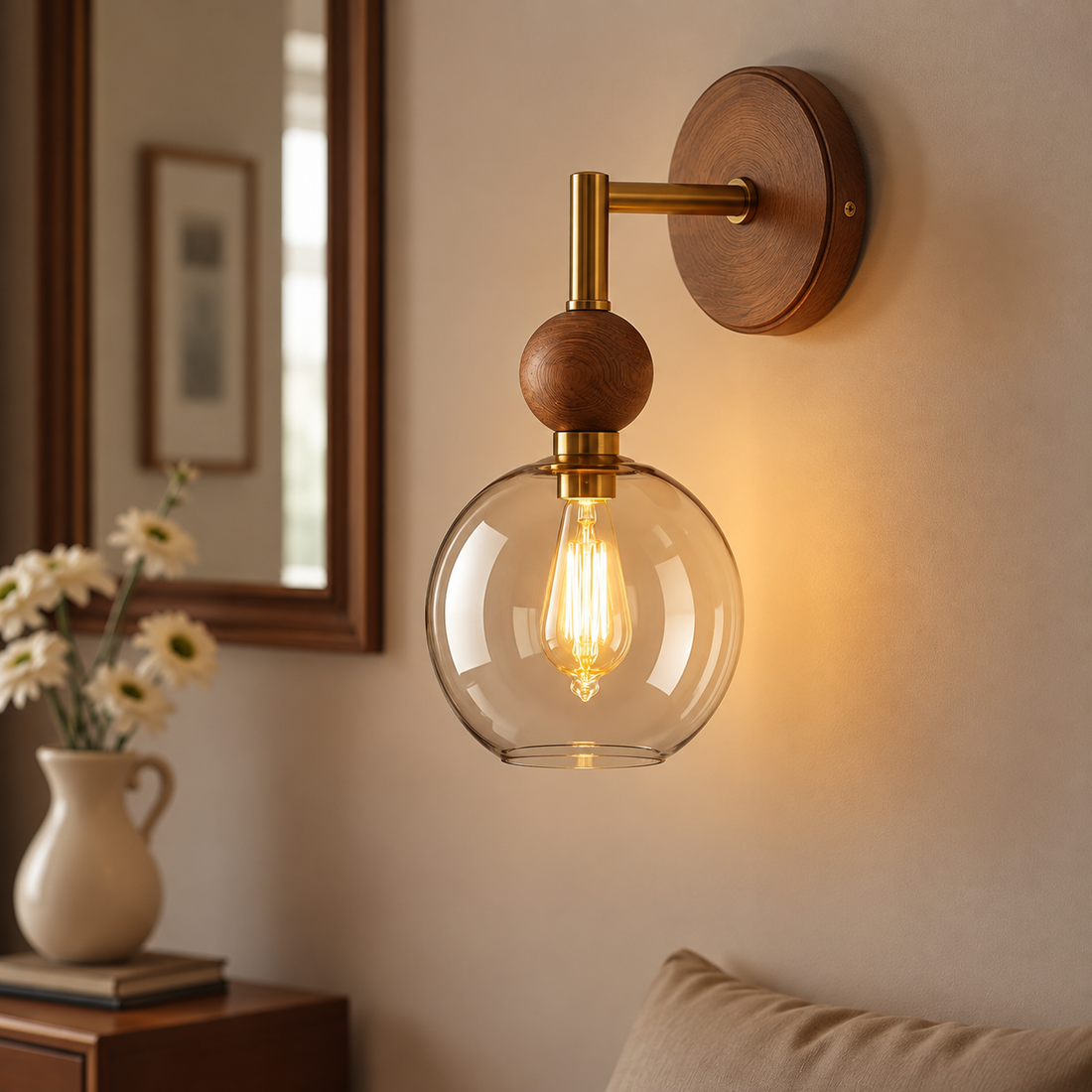 Amber Glass Wall Sconce with Wood & Brass