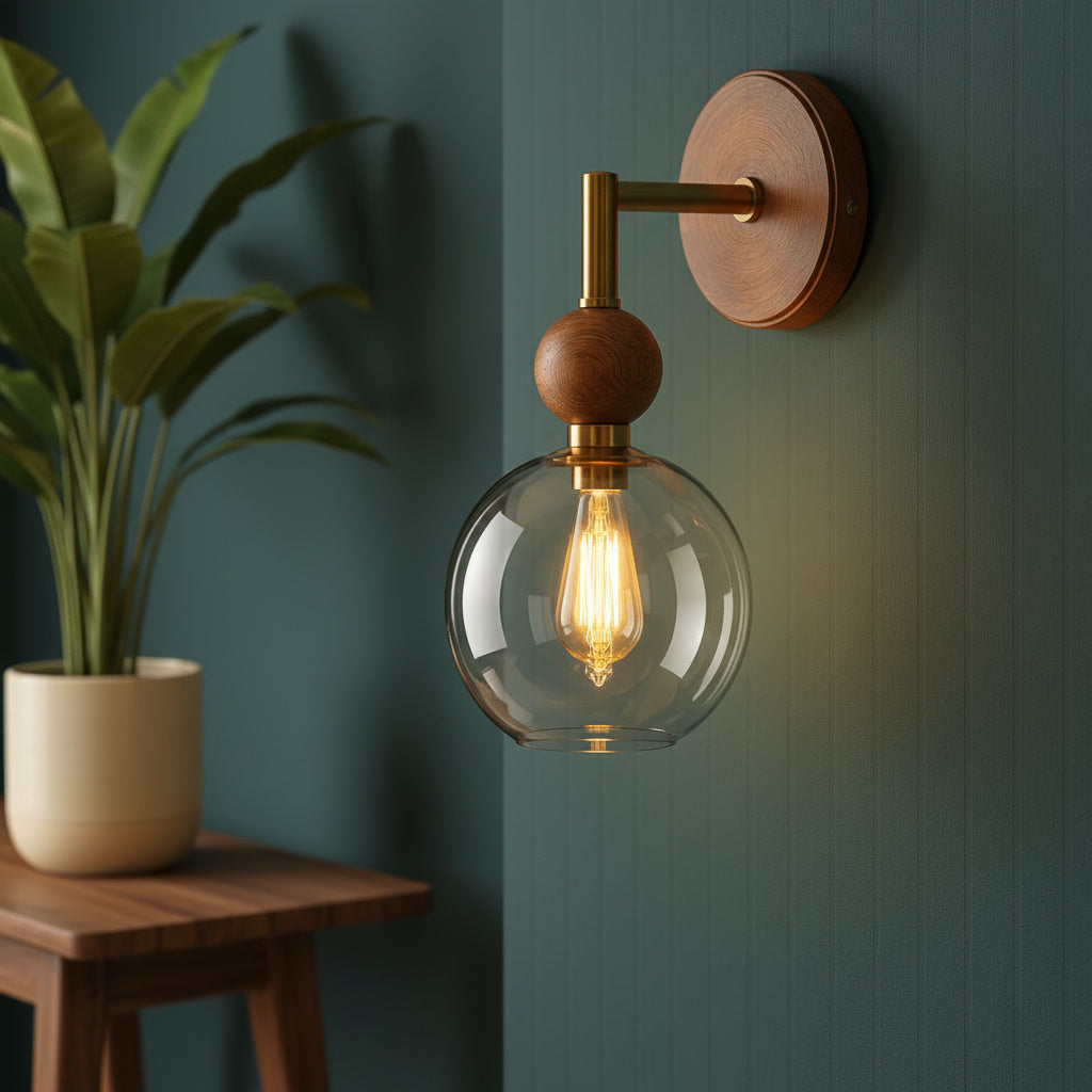 Amber Glass Wall Sconce with Wood & Brass