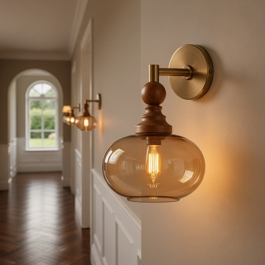 Amber Glass Wall Sconce with Wood & Brass – Handmade Vintage Wall Light