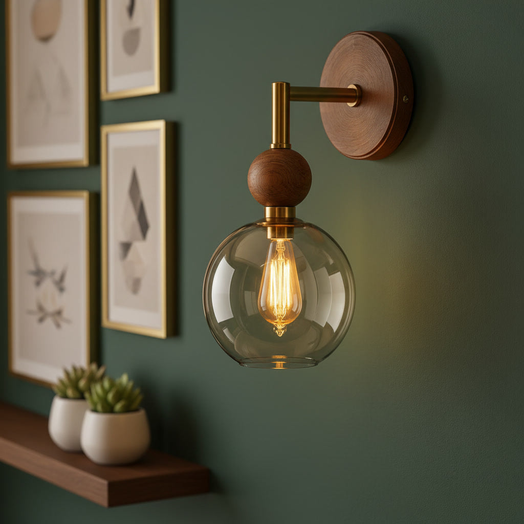 Amber Glass Wall Sconce with Wood & Brass