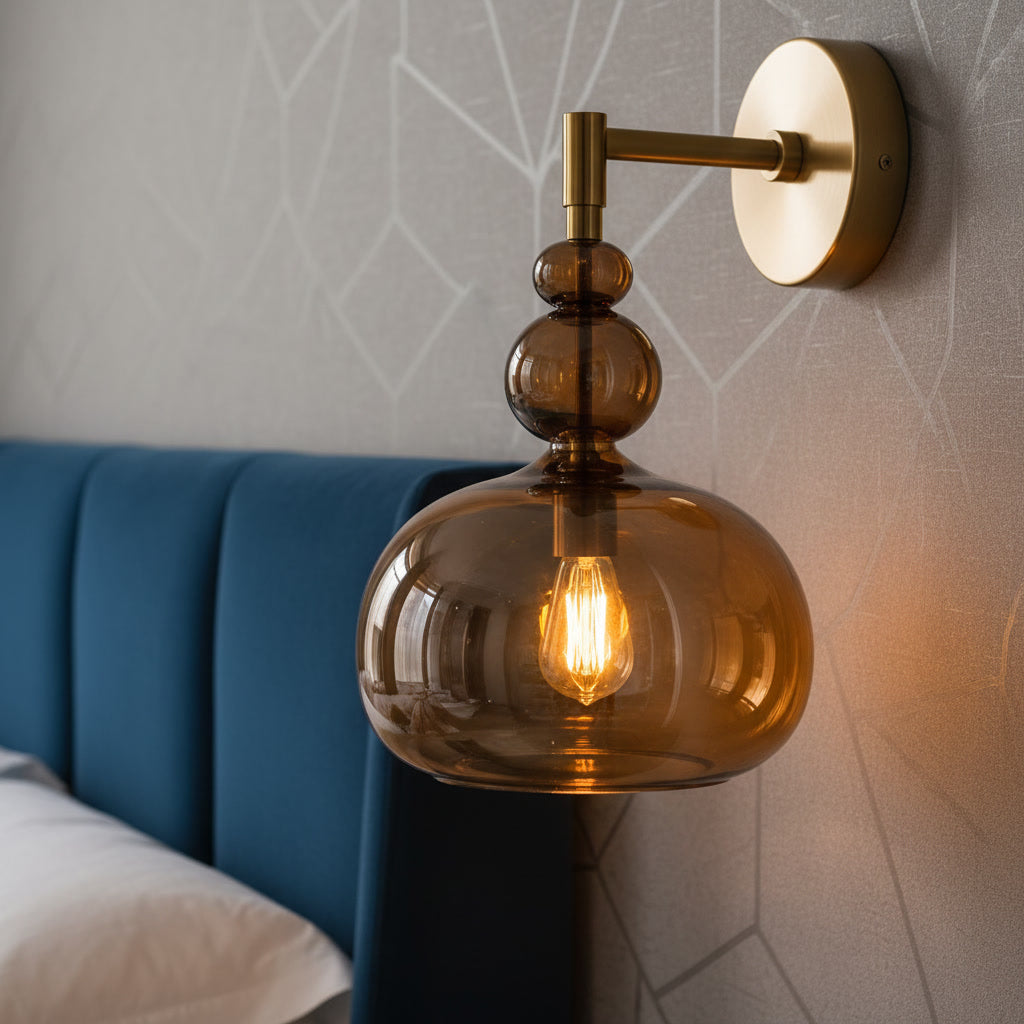 Hand Blown Amber Glass Wall Sconce – Brass Wall Light Fixture, Modern Statement Lighting