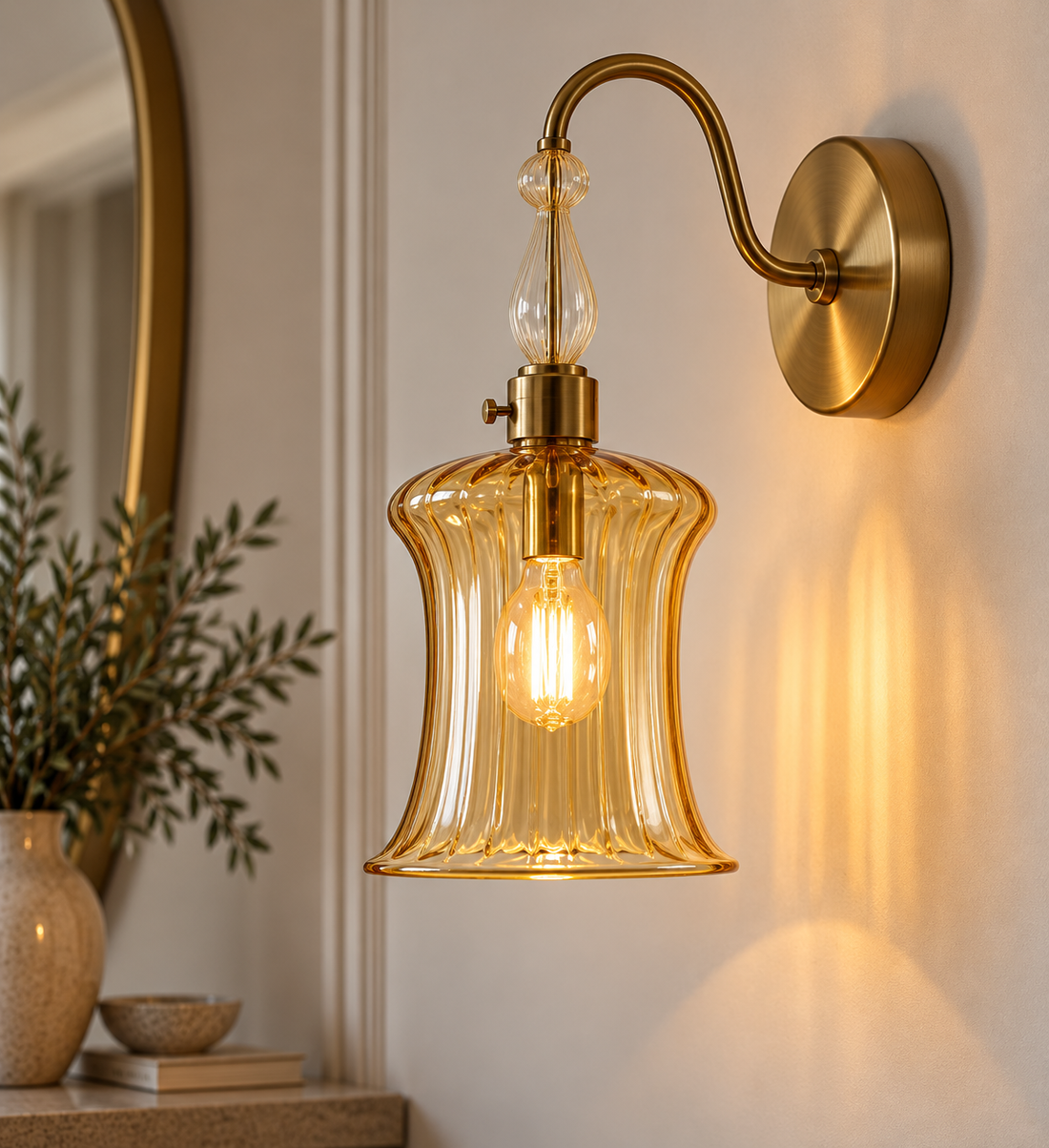 Handmade Amber Ribbed Glass Wall Sconce