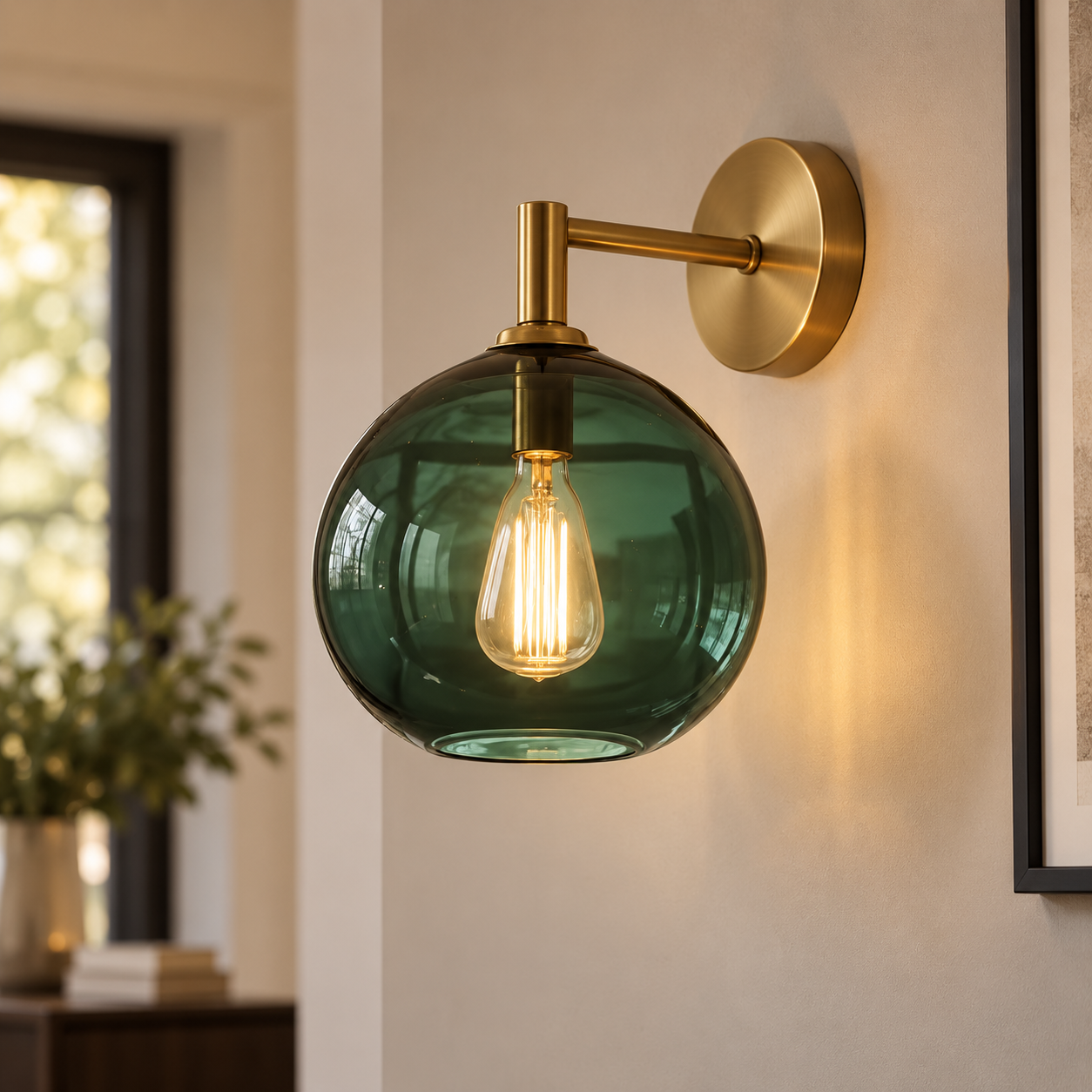 Hand Blown Green Glass Wall Sconce – Brass Globe Wall Light, Modern Vintage Lighting Fixture