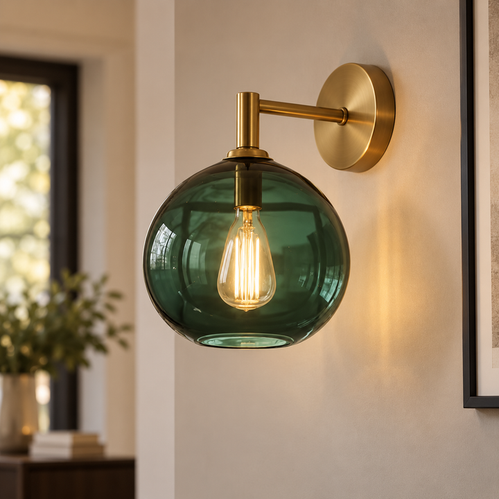 Hand Blown Green Glass Wall Sconce – Brass Globe Wall Light, Modern Vintage Lighting Fixture