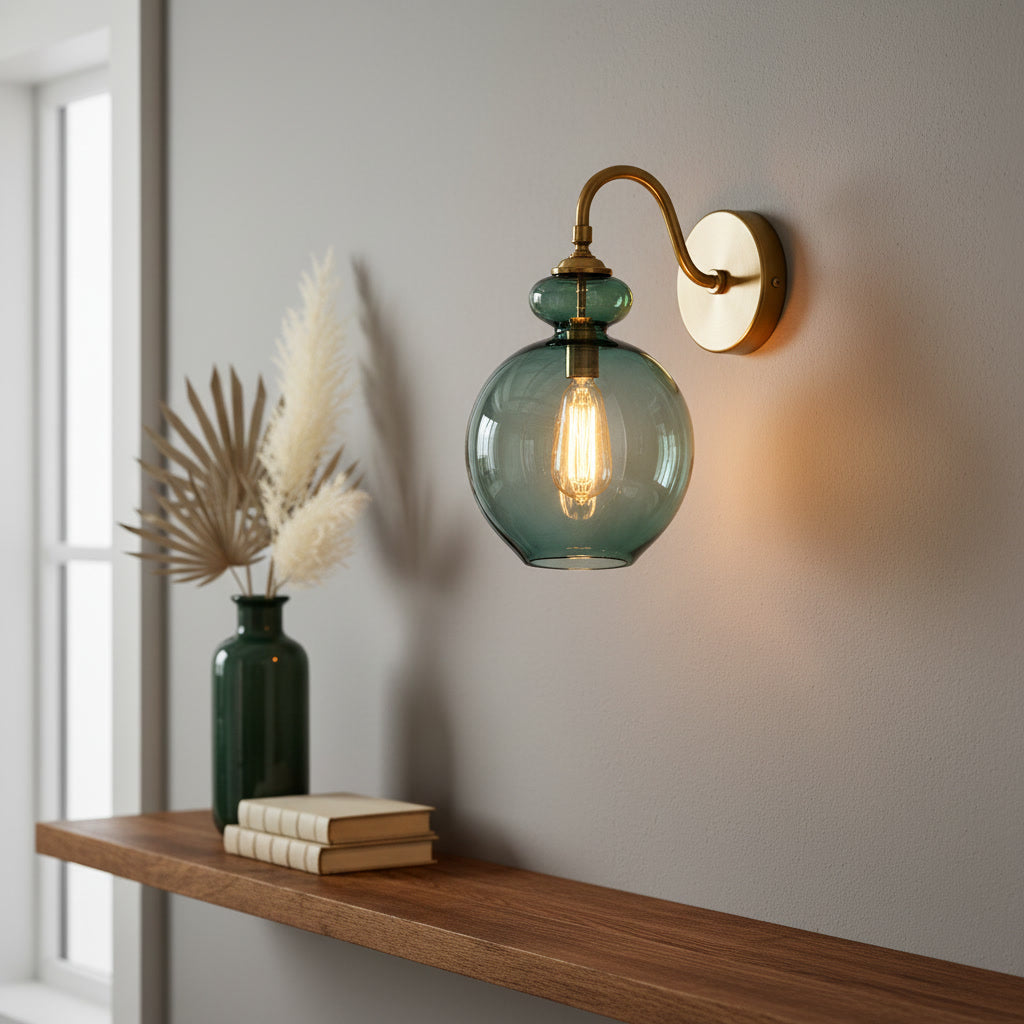 Hand Blown Green Glass Wall Sconce – Vintage Brass Wall Light Fixture, Modern Globe Lighting