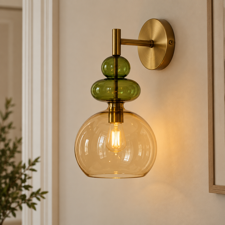 Hand Blown Amber Glass Wall Sconce – Brass Globe Wall Light, Modern Vintage Lighting Fixture