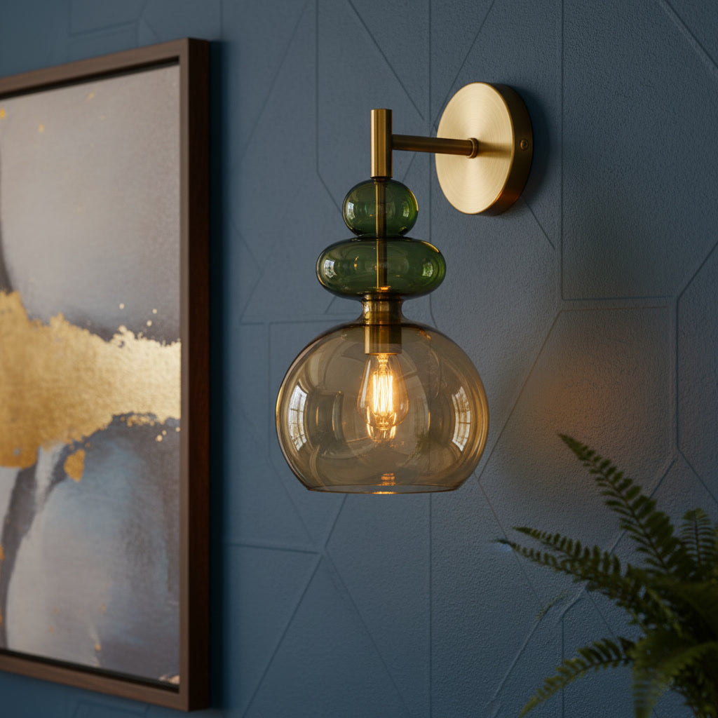 Hand Blown Amber Glass Wall Sconce – Brass Globe Wall Light, Modern Vintage Lighting Fixture