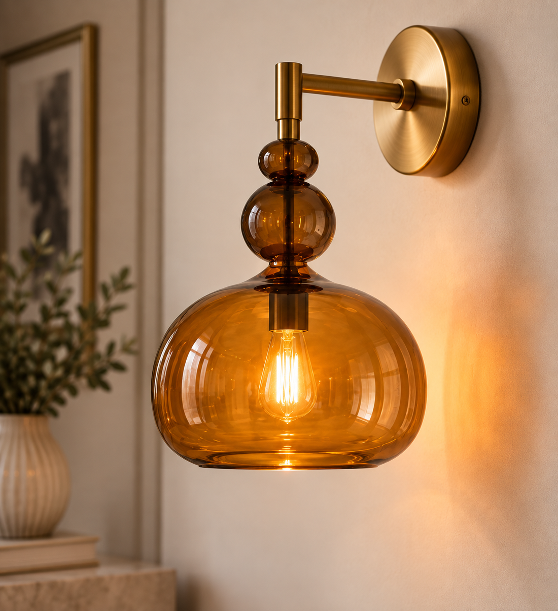 Hand Blown Amber Glass Wall Sconce – Brass Wall Light Fixture, Modern Statement Lighting