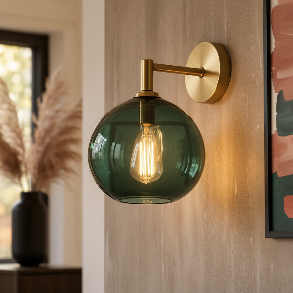 Hand Blown Green Glass Wall Sconce – Brass Globe Wall Light, Modern Vintage Lighting Fixture