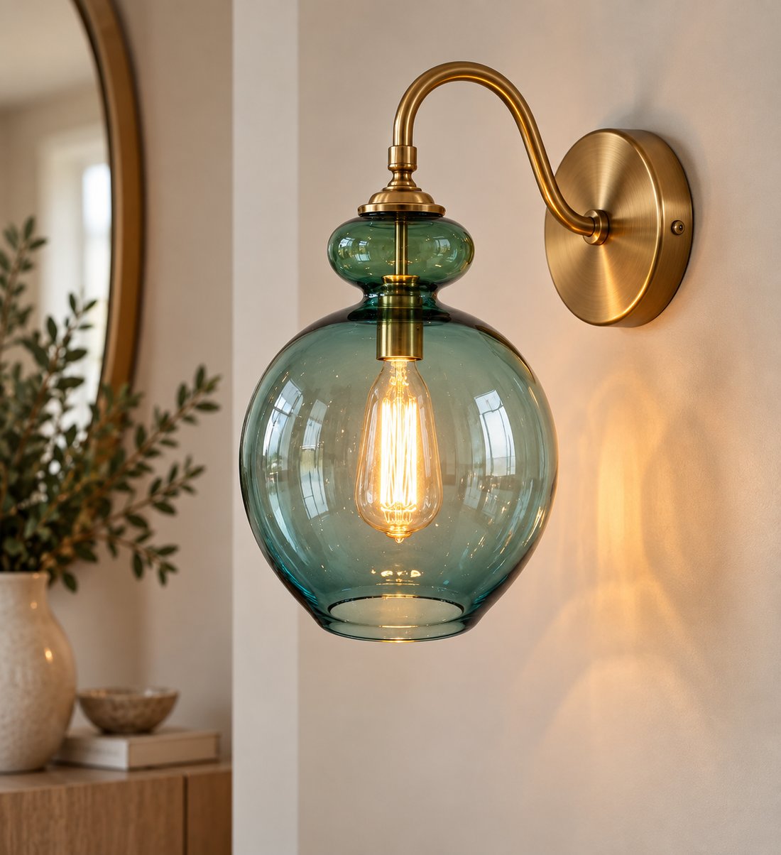 Hand Blown Green Glass Wall Sconce – Vintage Brass Wall Light Fixture, Modern Globe Lighting
