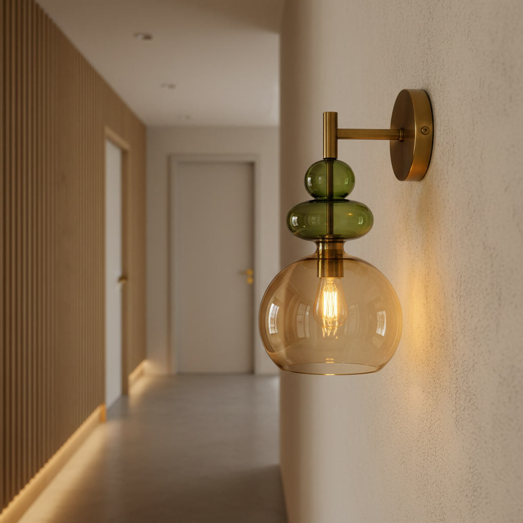 Hand Blown Amber Glass Wall Sconce – Brass Globe Wall Light, Modern Vintage Lighting Fixture