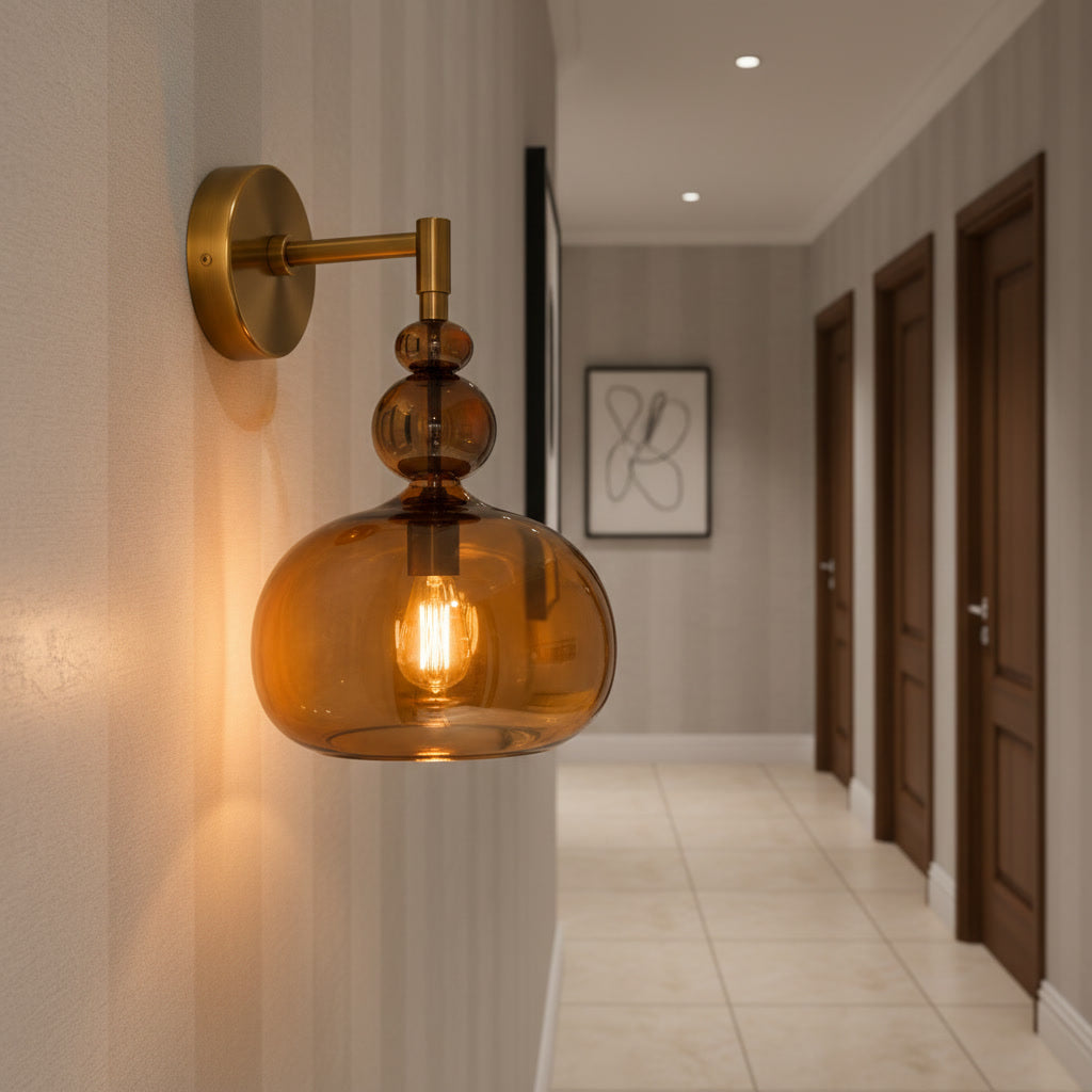 Hand Blown Amber Glass Wall Sconce – Brass Wall Light Fixture, Modern Statement Lighting