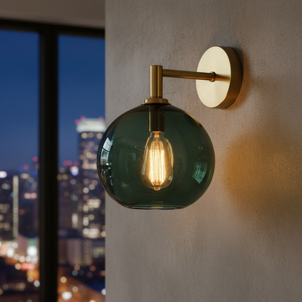Hand Blown Green Glass Wall Sconce – Brass Globe Wall Light, Modern Vintage Lighting Fixture