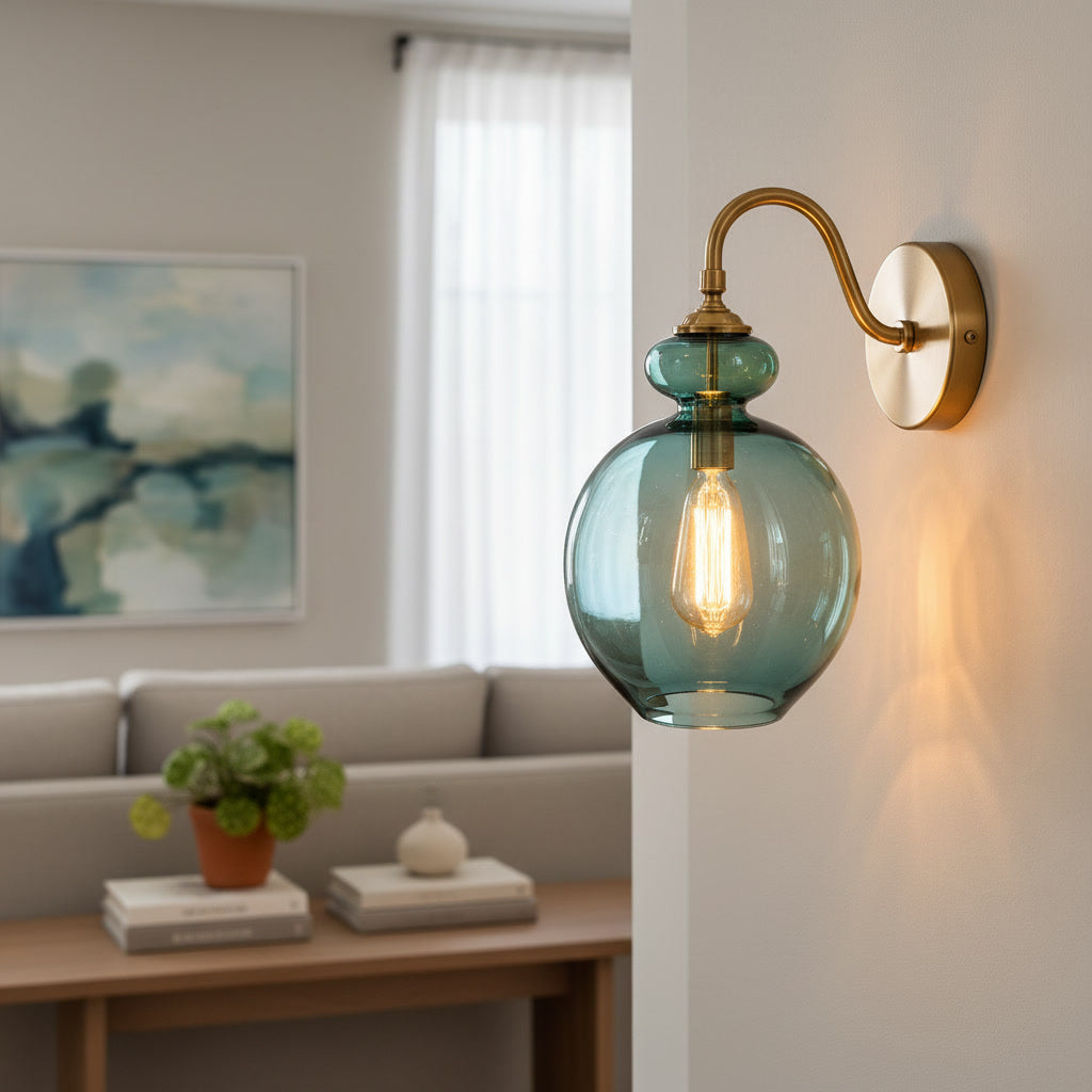 Hand Blown Green Glass Wall Sconce – Vintage Brass Wall Light Fixture, Modern Globe Lighting